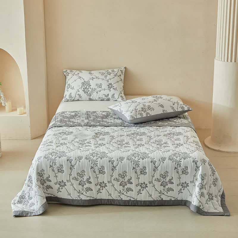Ownkoti Branch & Floral Reversible Quilt Set - Gray - Quilt with 2PCS Pillowcases - King - image 0