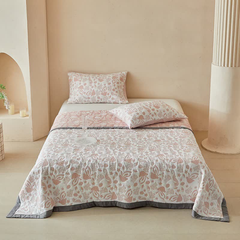 Ownkoti Pink Ocean Life Reversible Quilt Set - Pink - Quilt with 2PCS Pillowcases - King - image 0
