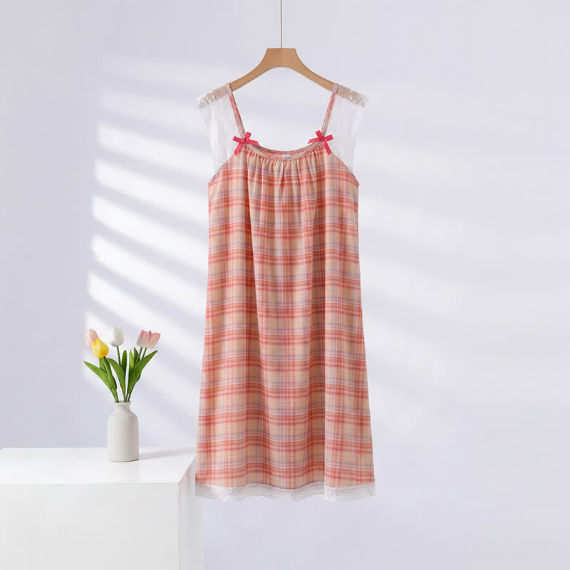Ownkoti Rainbow Plaid Double Gauze Lace Trim NightDress - Rainbow - XL - Sleeveless Lace - image 0