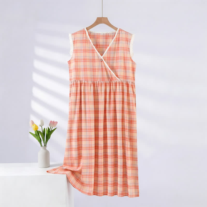 Ownkoti Rainbow Plaid Double Gauze Lace Trim NightDress - Rainbow - XL - Sleeveless Gauze - image 1