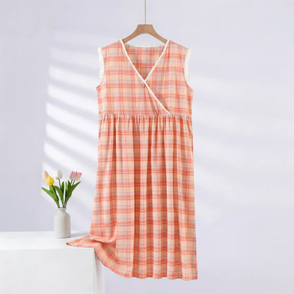 Ownkoti Rainbow Plaid Double Gauze Lace Trim NightDress - Rainbow - XL - Sleeveless Gauze - image 1