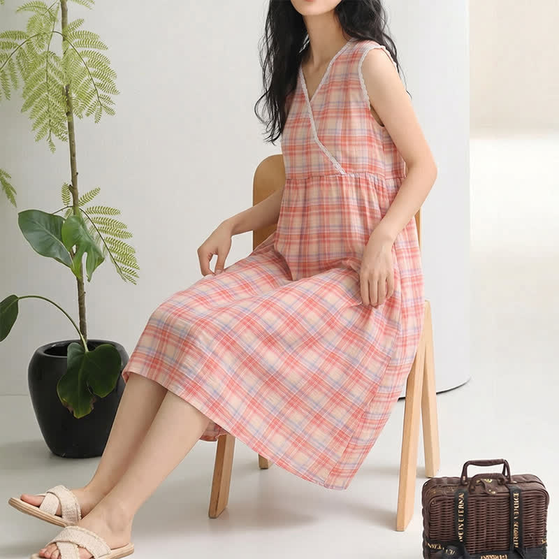 Ownkoti Rainbow Plaid Double Gauze Lace Trim NightDress - image 4