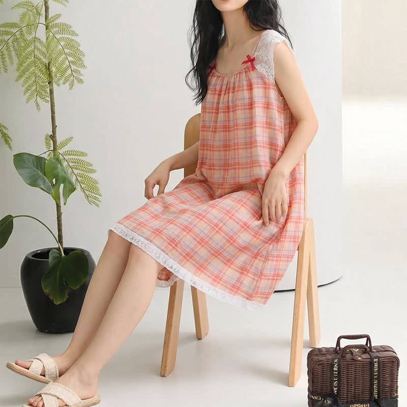 Ownkoti Rainbow Plaid Double Gauze Lace Trim NightDress - image 2