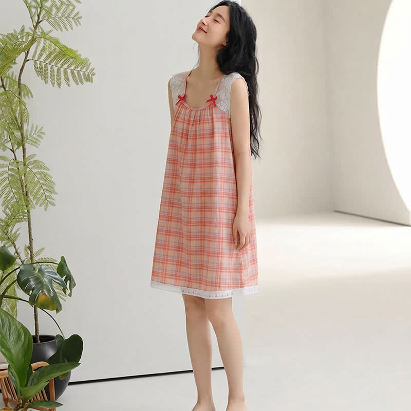 Ownkoti Rainbow Plaid Double Gauze Lace Trim NightDress - image 3