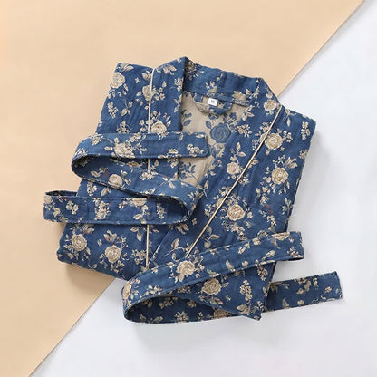 Ownkoti Indigo Blue Vintage Floral Kimono Robe - image 3
