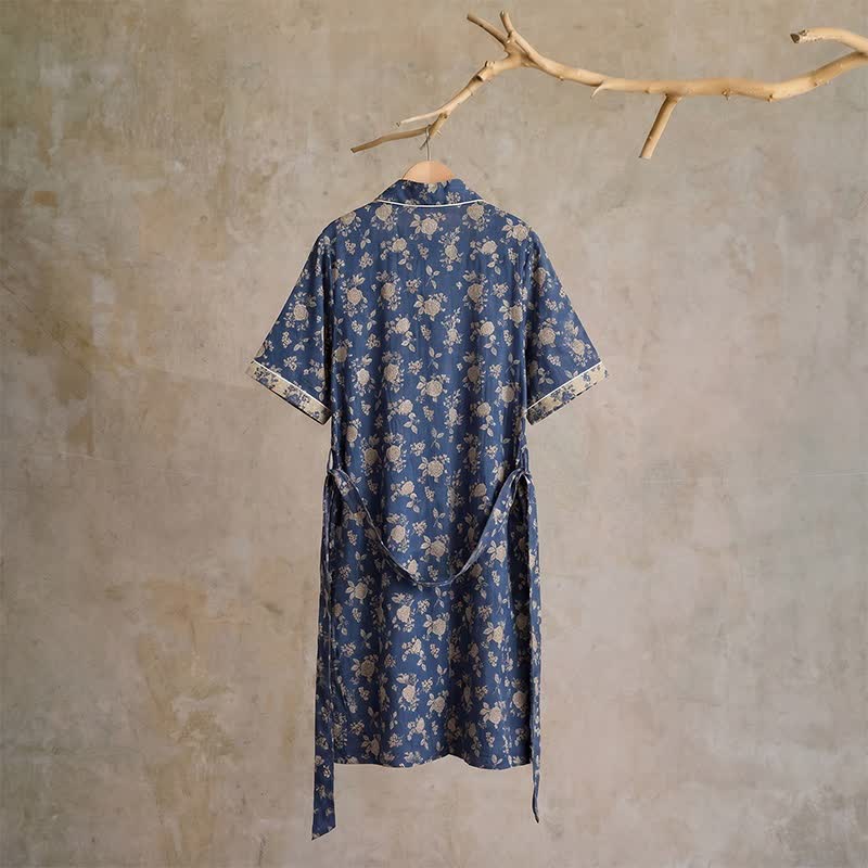 Ownkoti Indigo Blue Vintage Floral Kimono Robe - image 2