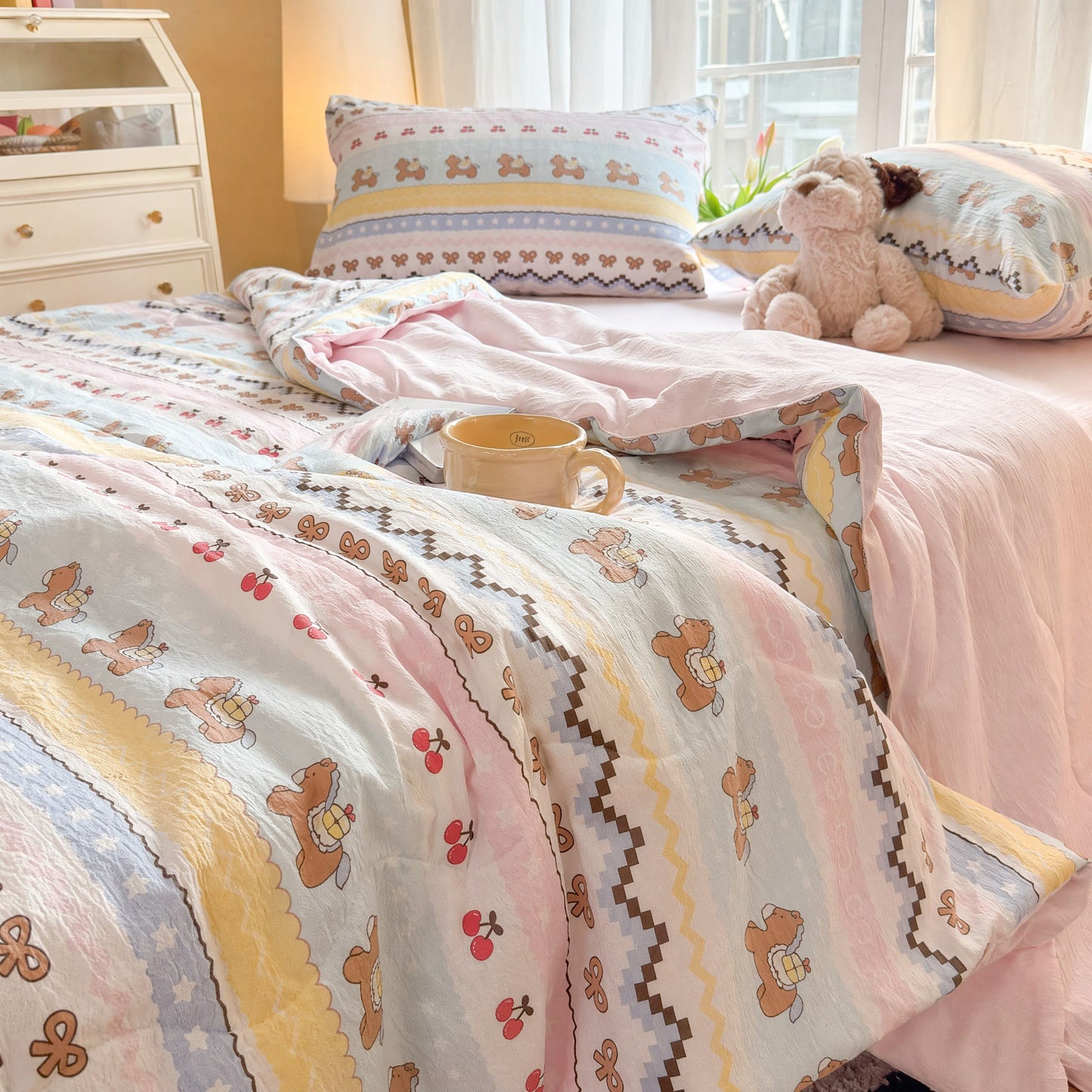 Ownkoti Pink Bow Bear Washed Cotton Bedding Set - image 2