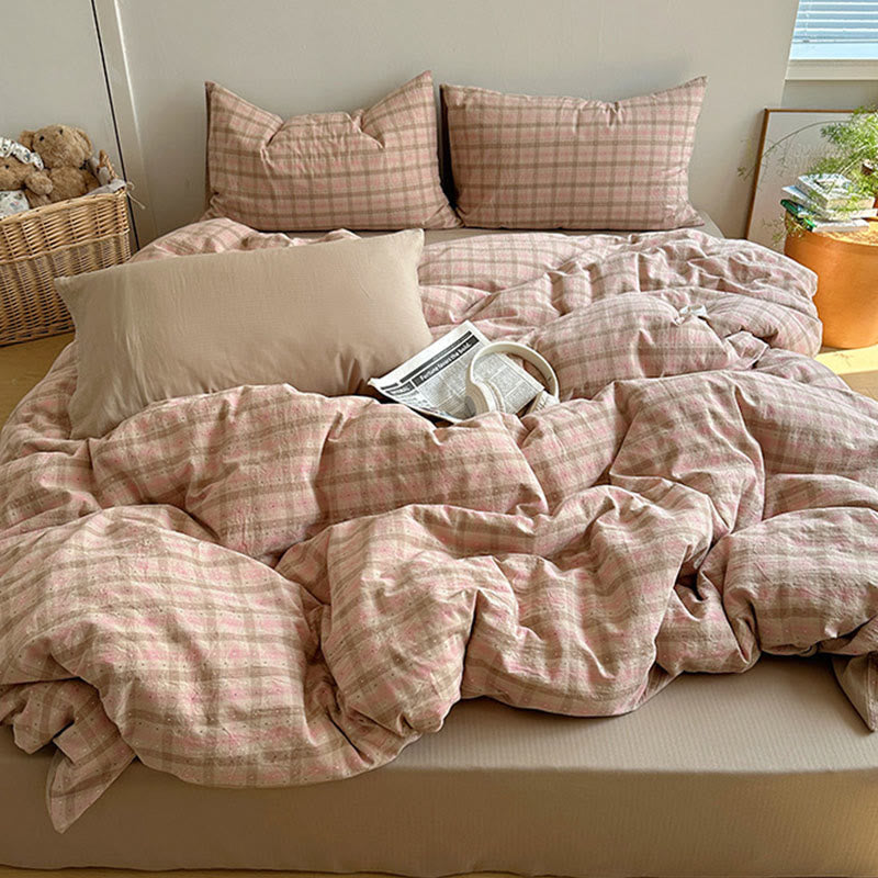 Ownkoti Soft Pink Gingham Cotton Bedding Set - Pink & Brown - King - Fitted Sheet - image 0