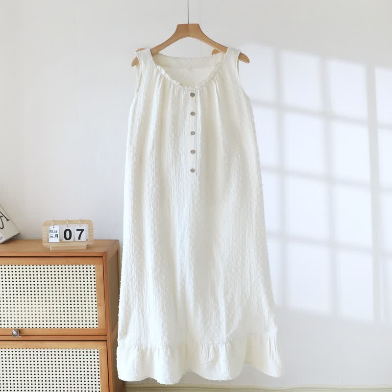 Ownkoti White Cotton Textured Sleeveless Lounge Dress - image 1