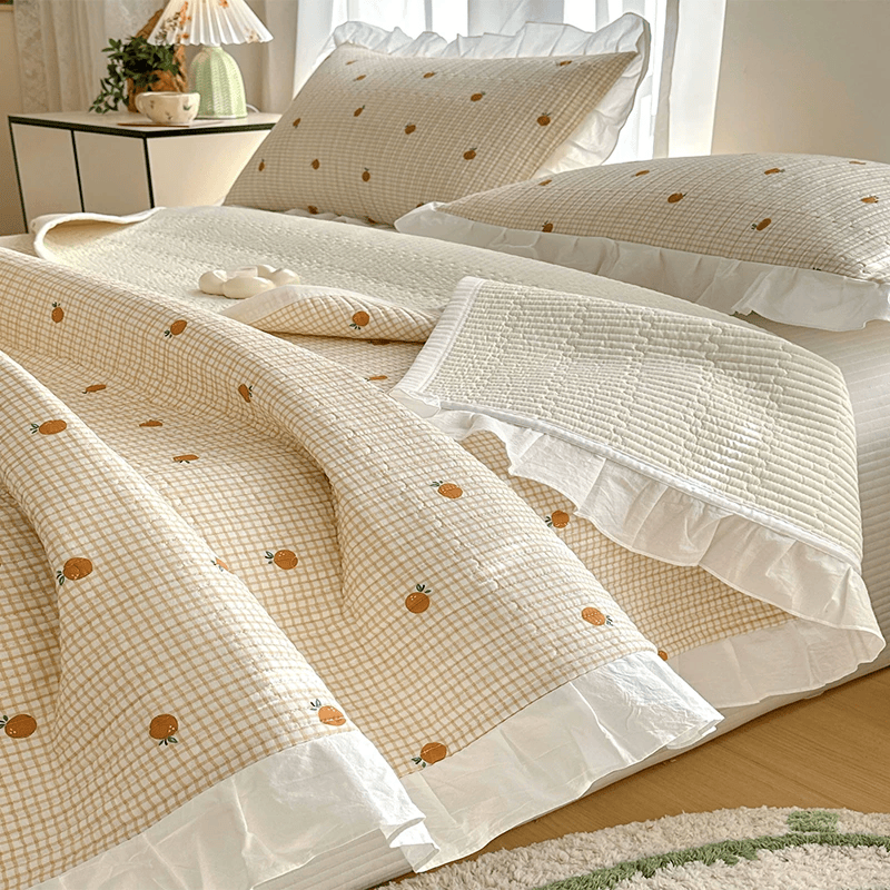 Ownkoti Ruffled Edge Orange Print Cotton Coverlet - image 6