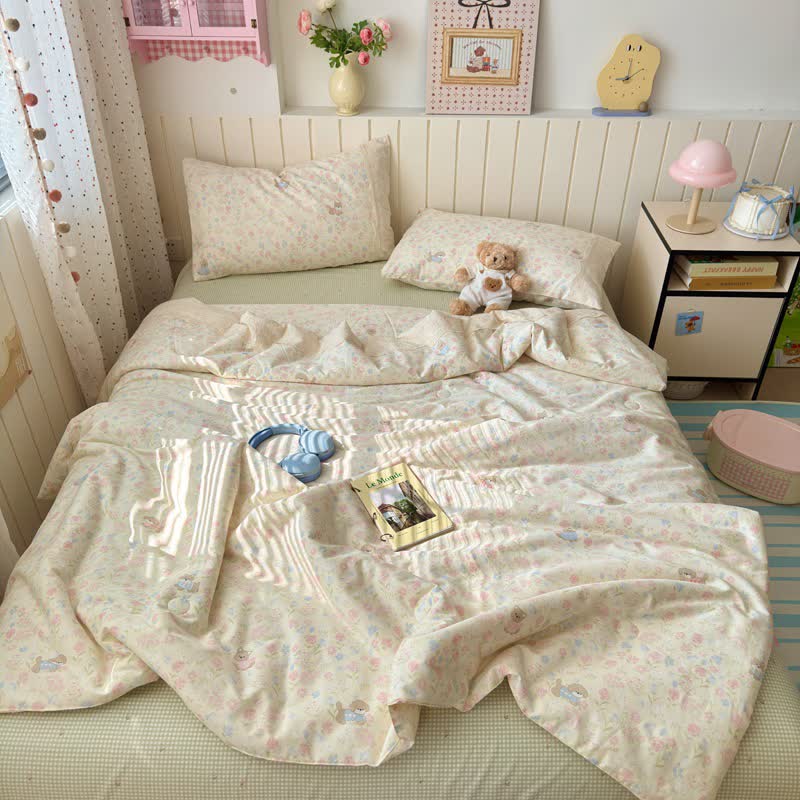 Ownkoti Cream Floral Lace Trim Cotton Bedding Set - Colorful - Queen - Bedding Set - image 0