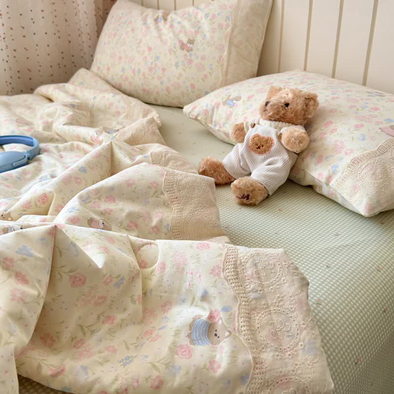 Ownkoti Cream Floral Lace Trim Cotton Bedding Set - image 1