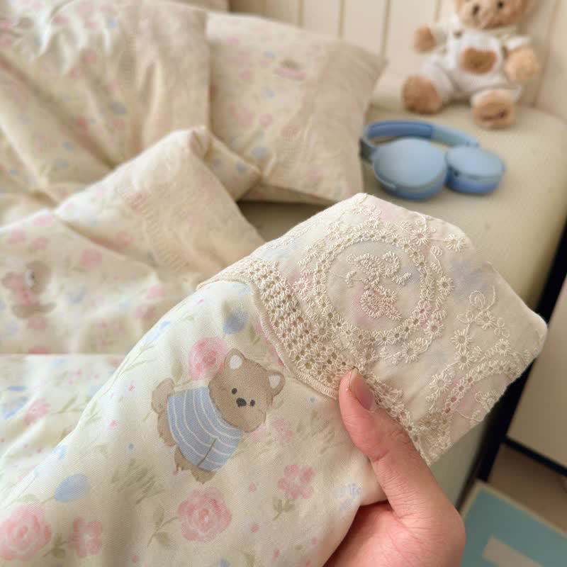 Ownkoti Cream Floral Lace Trim Cotton Bedding Set - image 2