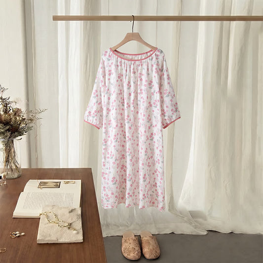 Ownkoti Pastoral Pink Floral Cotton Sleep Dress - Pink - XL - image 0