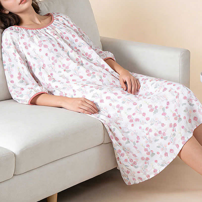 Ownkoti Pastoral Pink Floral Cotton Sleep Dress - image 5