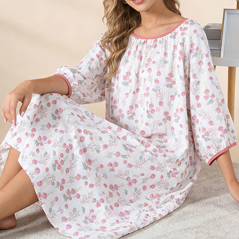 Ownkoti Pastoral Pink Floral Cotton Sleep Dress - image 4