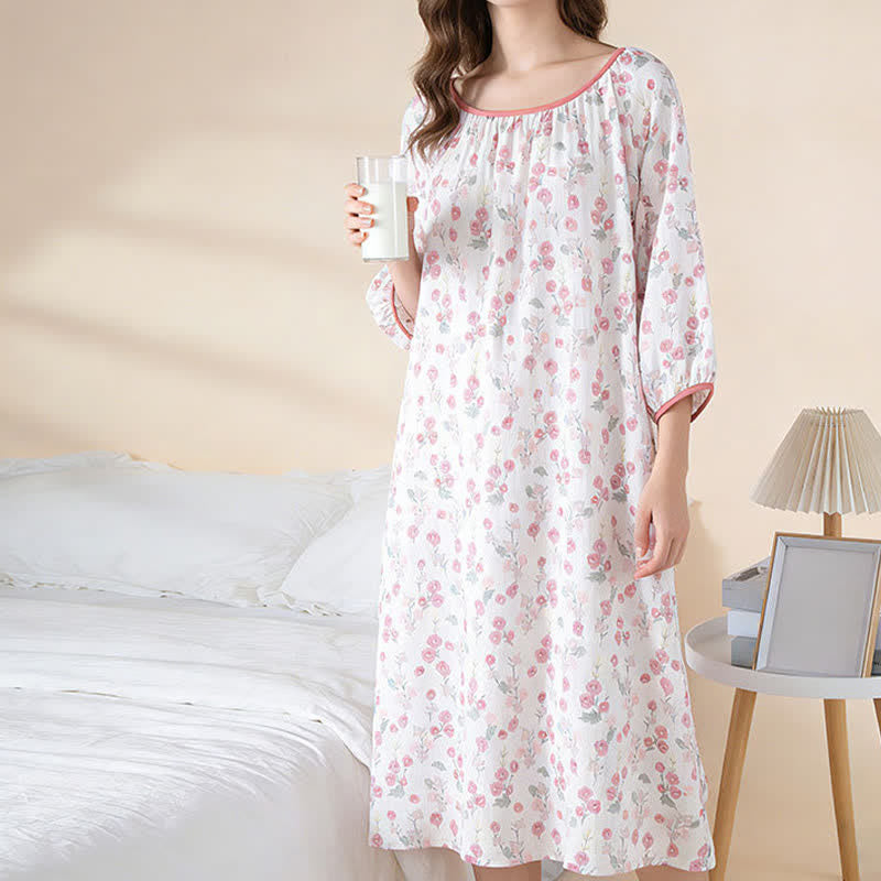 Ownkoti Pastoral Pink Floral Cotton Sleep Dress - image 3
