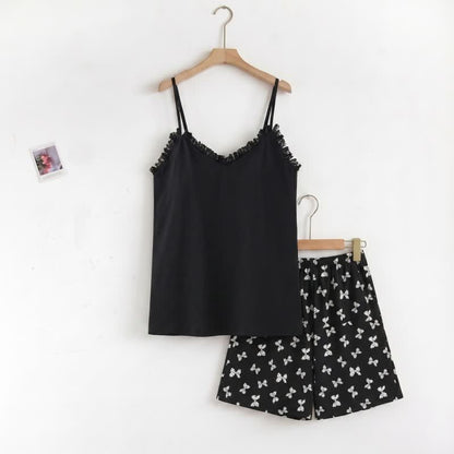 Ownkoti Cami & Bow Print Shorts Pajama Set - Black - 2XL - image 0