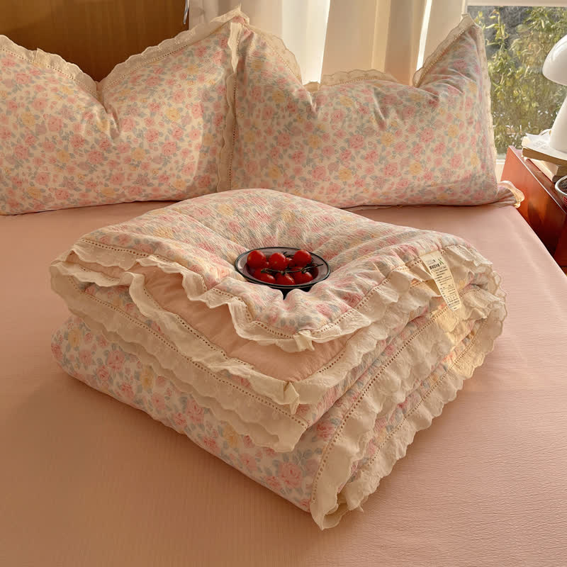 Ownkoti Blush Rose Ruffle Lace Summer Bedding Set - Pink - Queen - Bedding Set - image 0