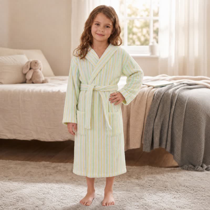 Ownkoti Soft Green Stripe Cotton Bathrobe For Kids - image 1
