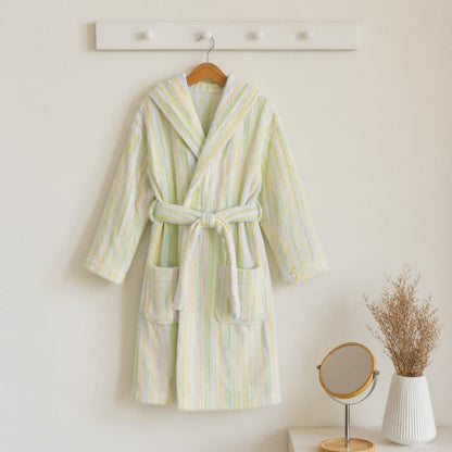 Ownkoti Soft Green Stripe Cotton Bathrobe For Kids - Green - Kids' Size: 140-155cm (55-61in) - image 0