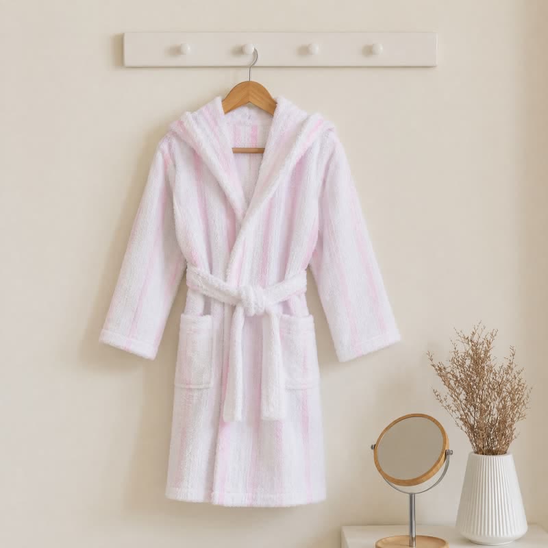 Ownkoti Pink Stripe Cotton Kids Hooded Bathrobe - Pink - Kids' Size: 140-155cm (55-61in) - image 0