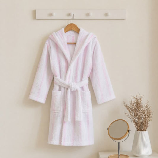 Ownkoti Pink Stripe Cotton Kids Hooded Bathrobe - Pink - Kids' Size: 140-155cm (55-61in) - image 0