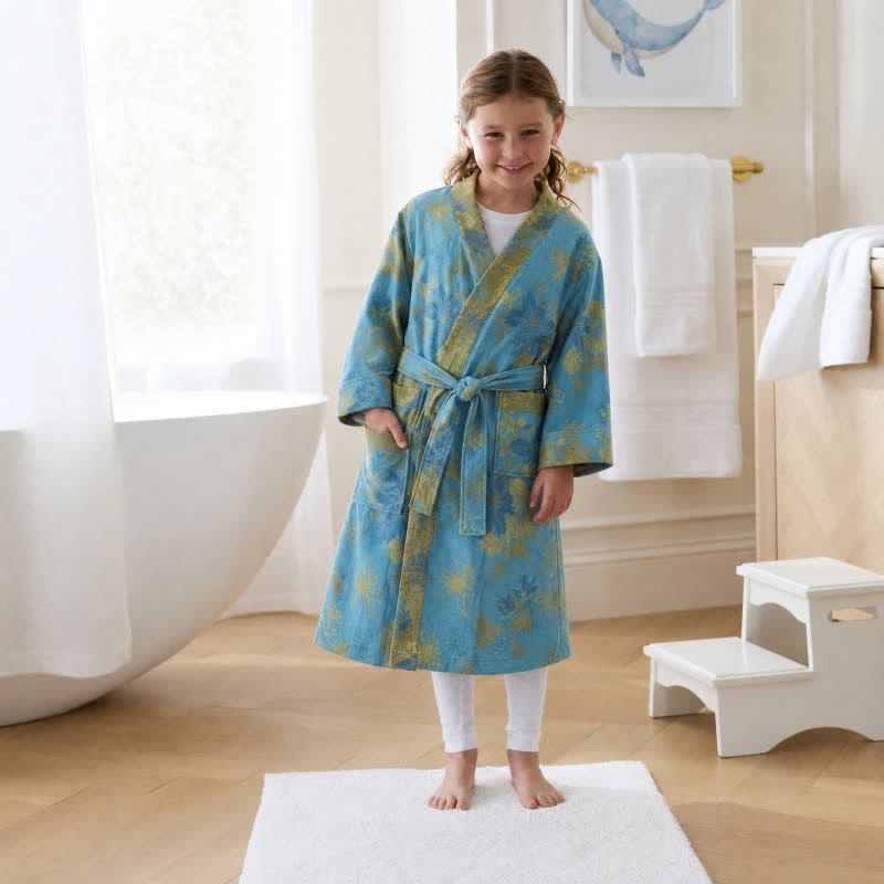 Ownkoti Blue Cotton Floral Kimono Kids Bathrobe - image 1