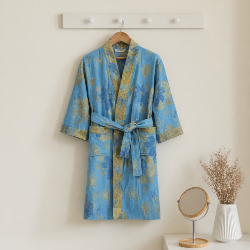 Ownkoti Blue Cotton Floral Kimono Kids Bathrobe - Blue - Kids' Size: 150-160cm (59-63in) - image 0