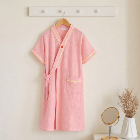 Ownkoti Ruffle Trim Kids' Cotton Muslin Robe - Pink - Kids' Size: 150cm (59in) - image 0