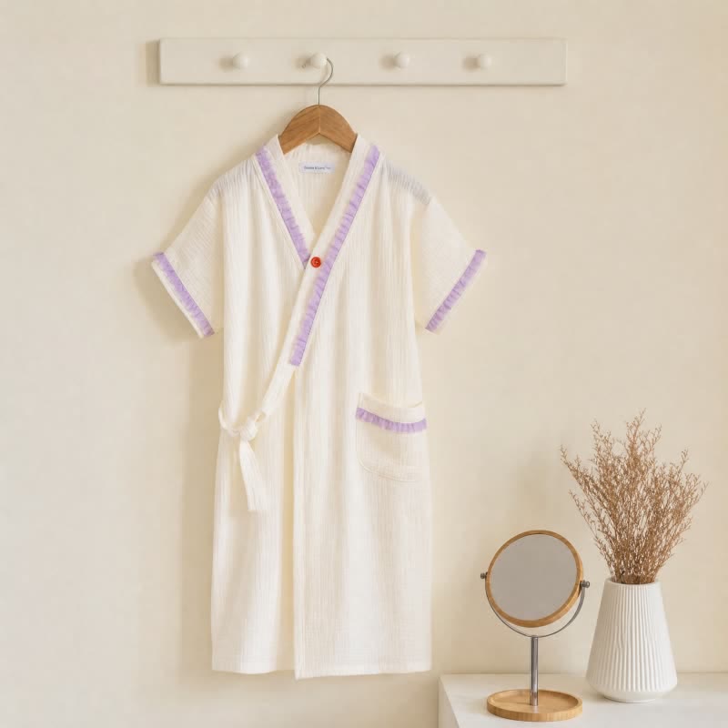 Ownkoti Ruffle Trim Kids' Cotton Muslin Robe - White - Kids' Size: 150cm (59in) - image 9