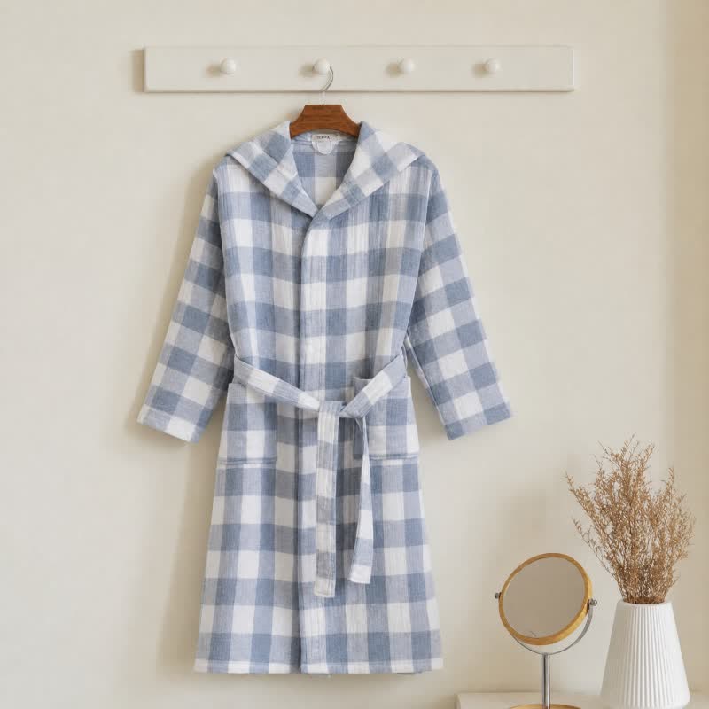 Ownkoti Kids' Plaid Hooded Cotton Bathrobe - Blue - Kids' Size: 160–170 cm (63–67 in) - image 6