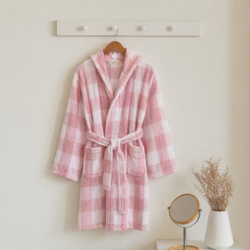 Ownkoti Kids' Plaid Hooded Cotton Bathrobe - Pink - Kids' Size: 160–170 cm (63–67 in) - image 0