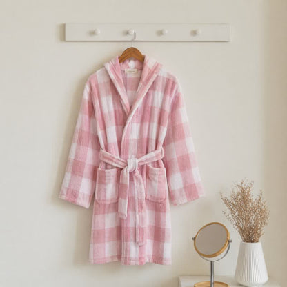 Ownkoti Kids' Plaid Hooded Cotton Bathrobe - Pink - Kids' Size: 160–170 cm (63–67 in) - image 0