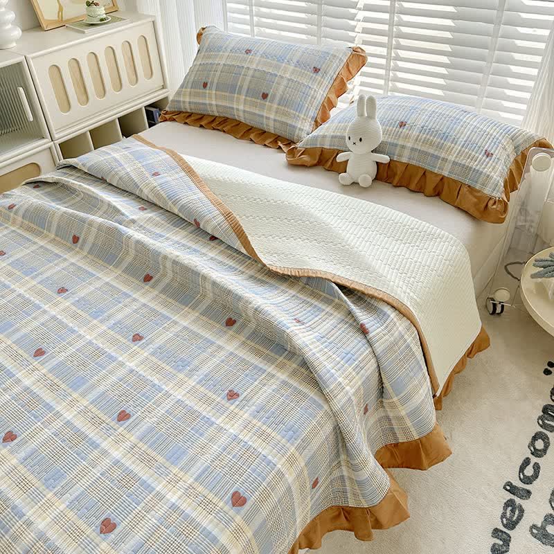 Ownkoti Plaid & Heart Print Cotton Twill Coverlet - image 3