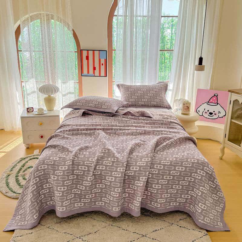 Ownkoti Geometric Jacquard Cotton Double Gauze Quilt - Purple - Quilt with 2PCS Pillow Towels - King - image 0
