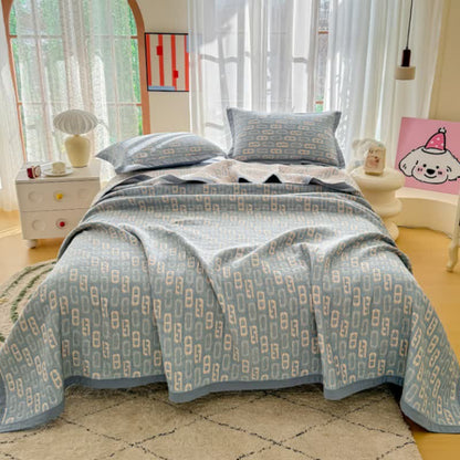 Ownkoti Geometric Jacquard Cotton Double Gauze Quilt - Blue - Quilt with 2PCS Pillow Towels - King - image 3