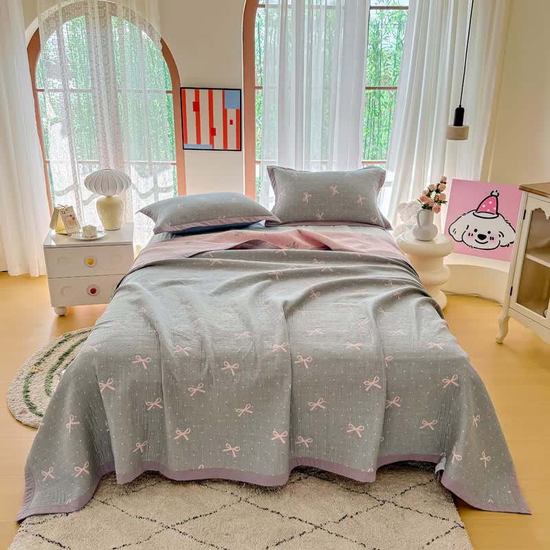 Ownkoti Reversible Bow Jacquard Cotton Gauze Quilt - Quilt with 2PCS Pillow Towels - King - image 0