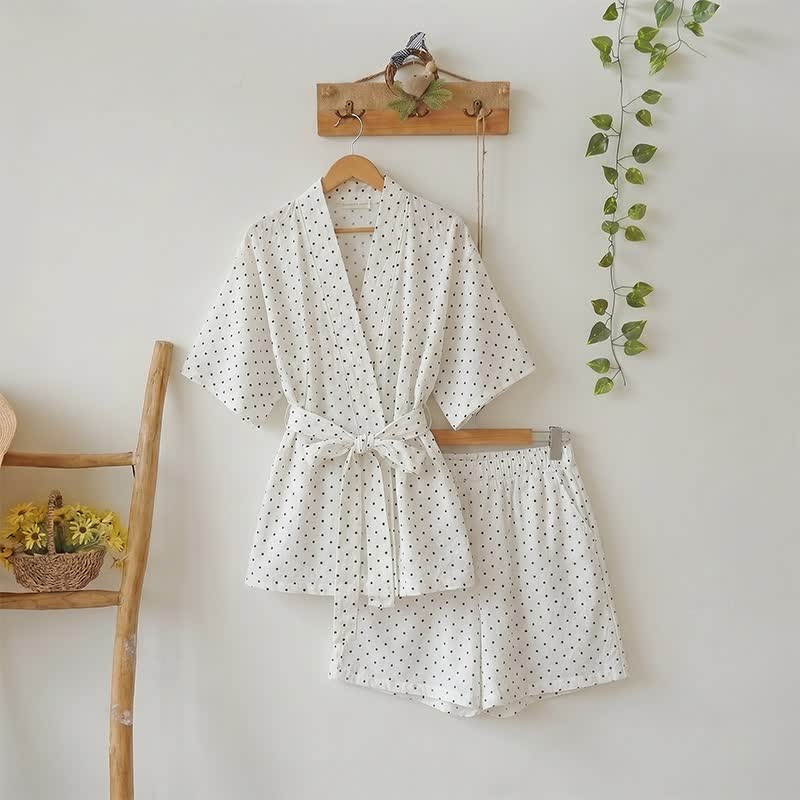Ownkoti Polka Dot Cotton Kimono Pajama Set - White - L - image 0