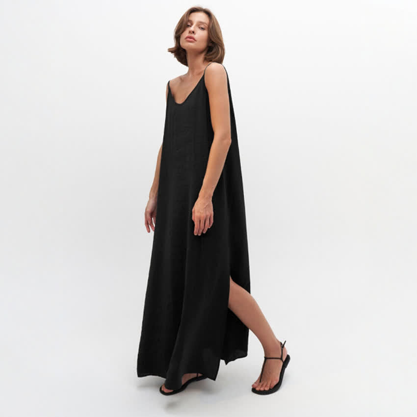 Ownkoti Solid Color Side Slit Lounge Dress - Black - L - image 10