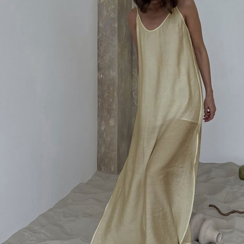 Ownkoti Solid Color Side Slit Lounge Dress - Khaki - L - image 11