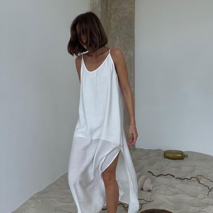 Ownkoti Solid Color Side Slit Lounge Dress - White - L - image 0