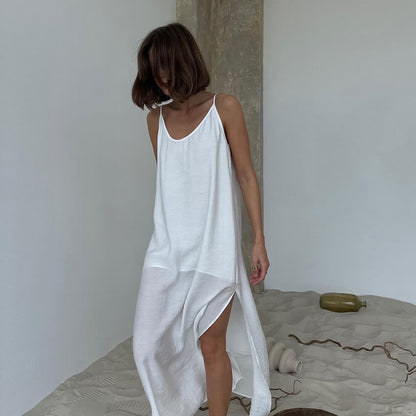 Ownkoti Solid Color Side Slit Lounge Dress - White - L - image 0