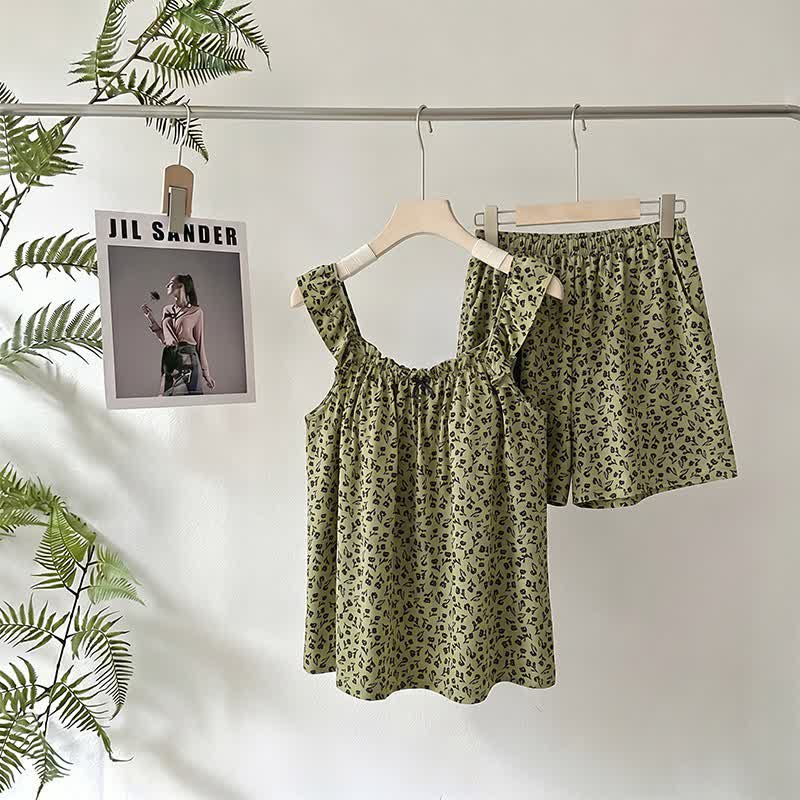 Ownkoti Olive Floral Ruffle Cami Pajama Set - Green - XXL - image 0