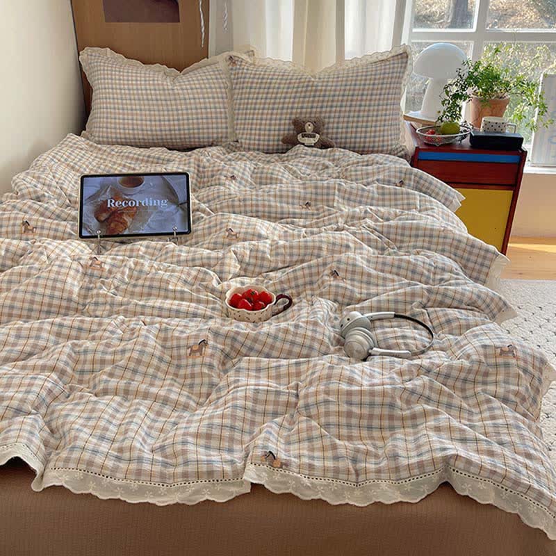 Ownkoti Brown Plaid Ruffle Lace Summer Bedding Set - image 1