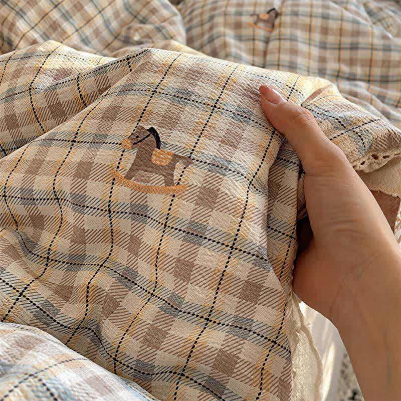 Ownkoti Brown Plaid Ruffle Lace Summer Bedding Set - image 3