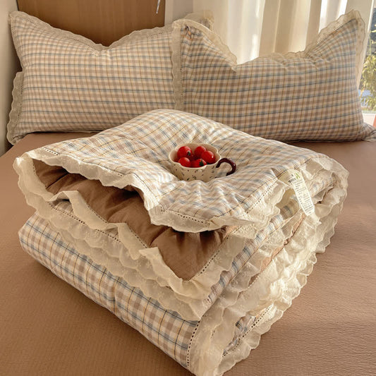 Ownkoti Brown Plaid Ruffle Lace Summer Bedding Set - Brown - Queen - Bedding Set - image 0