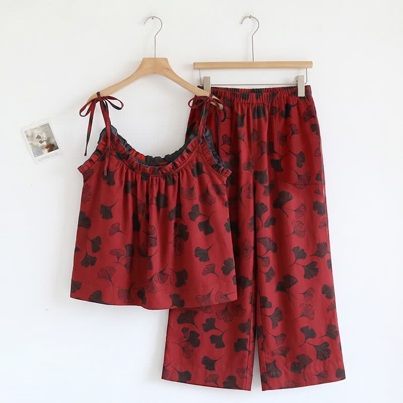 Ownkoti Ginkgo Leaf Cami Top & Pants Pajama Set - Red & Black - XL - image 22
