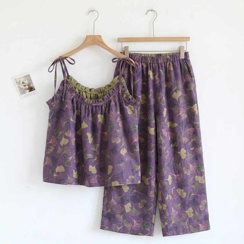 Ownkoti Ginkgo Leaf Cami Top & Pants Pajama Set - Purple & Green - XL - image 13