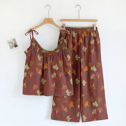 Ownkoti Ginkgo Cami Top & Pants Pajama Set - Wine & Green - XL - image 19